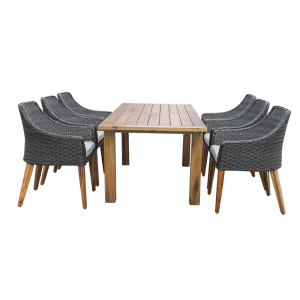 Bộ bàn ghế ăn mây nhựa với bàn gỗ