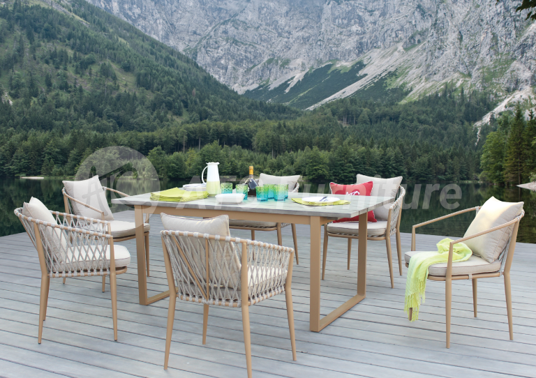 2022 xu hướng nội thất bộ bàn ăn dây dù khung nhôm ngoài trời