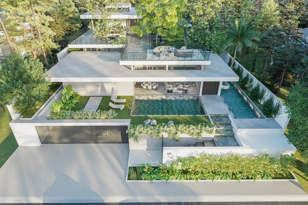 Tổng quan về thiết kế biệt thự sân vườn đẹp và những thiết kế được ưa chuộng nhất 2 Biệt thự sân vườn hiện đại tích hợp không gian xanh, hồ bơi và khu vực thư giãn trên sân thượng, tận dụng tối đa diện tích