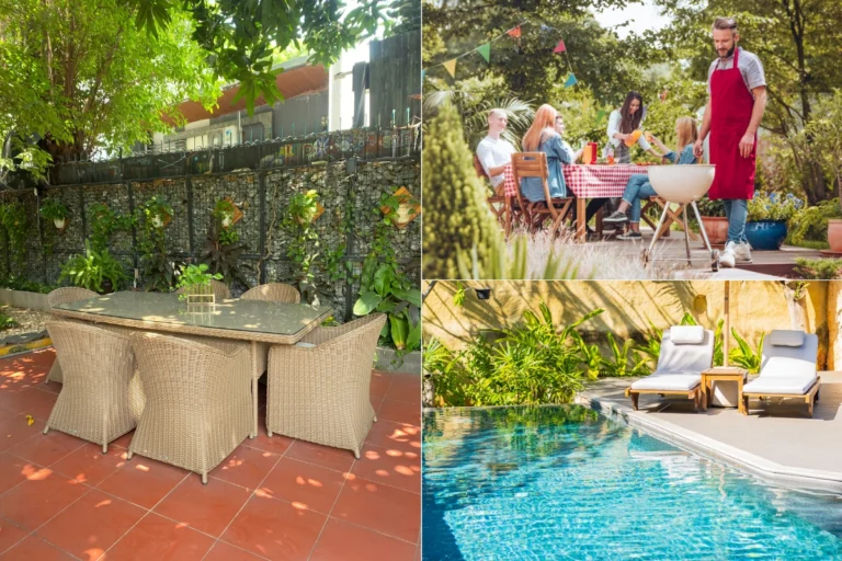 Biệt thự sân vườn tích hợp tiện ích giải trí với khu bàn ăn ngoài trời, không gian BBQ và ghế thư giãn bên hồ bơi