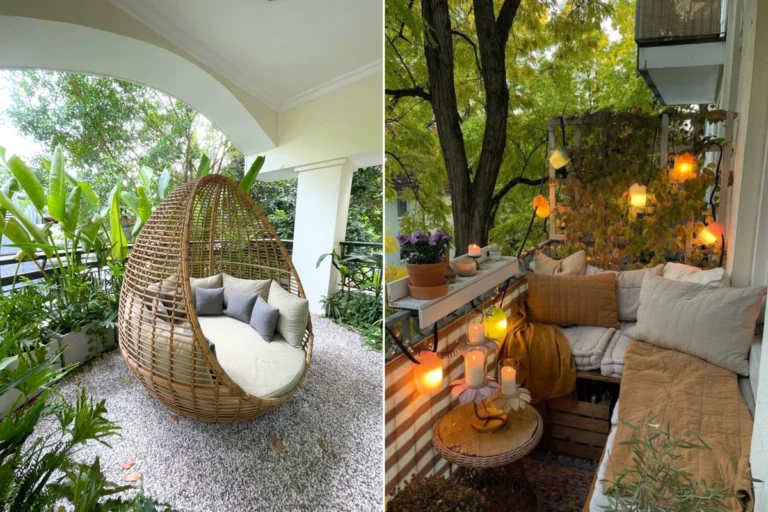 Ghế nằm thư giãn kiểu spa kết hợp ghế mây tre và sofa ngoài trời giữa không gian xanh mát ban công.