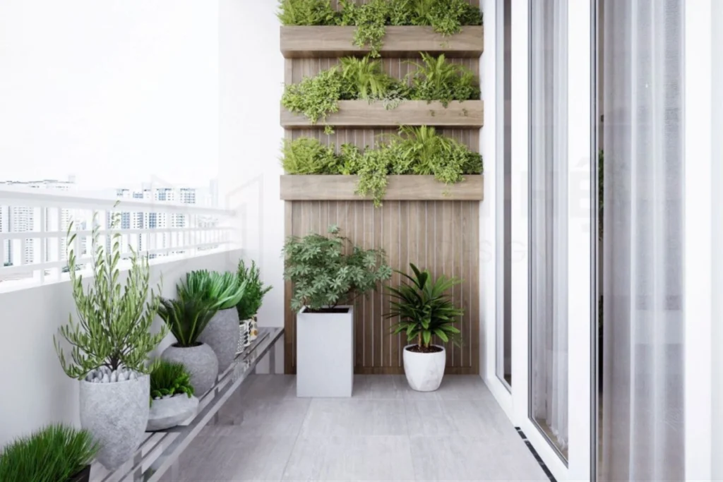 15 Ý Tưởng Decor Ban Công Đẹp Cho Cuộc Sống Thêm Chill 4 Hệ cây xanh treo tường theo chiều dọc kết hợp với chậu cây dưới sàn tạo hiệu ứng thị giác sâu rộng cho ban công.