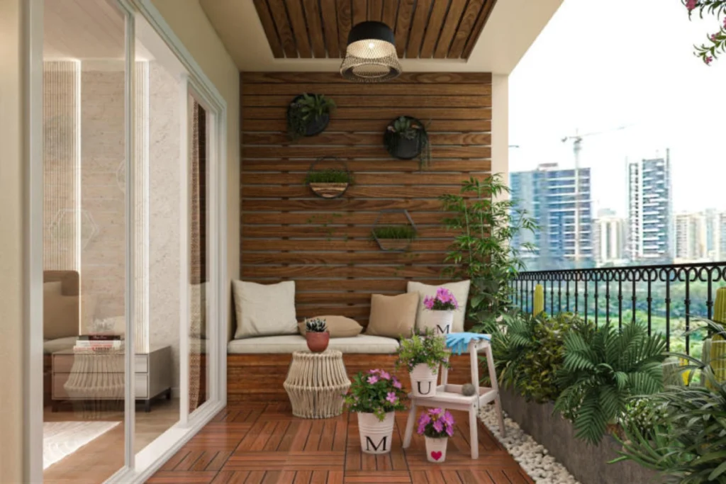 15 Ý Tưởng Decor Ban Công Đẹp Cho Cuộc Sống Thêm Chill 8 Sofa dài từ pallet gỗ thô kết hợp đệm ngồi, gối ôm và cây xanh tạo không gian thư giãn sáng tạo ngoài ban công.