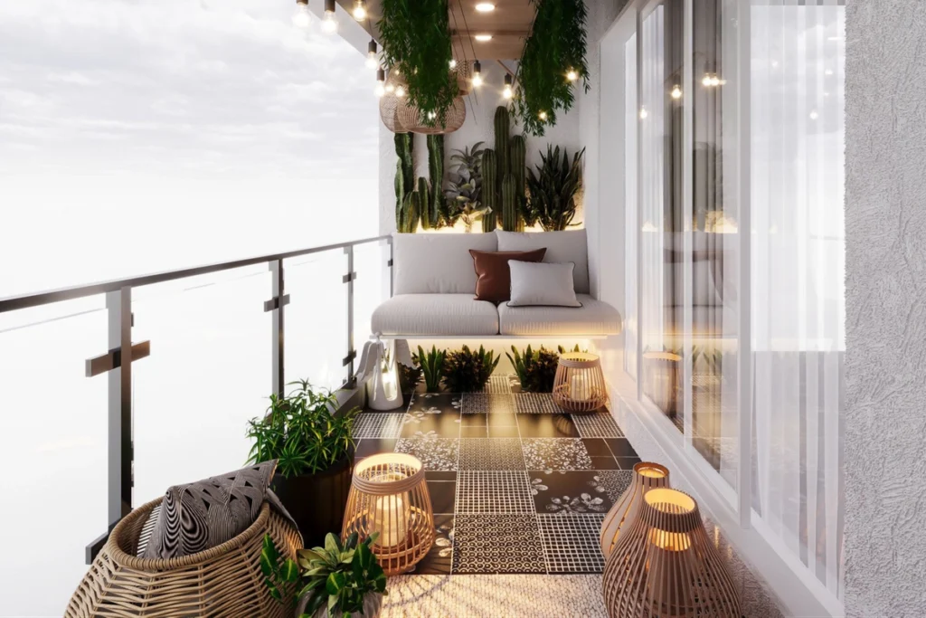 15 Ý Tưởng Decor Ban Công Đẹp Cho Cuộc Sống Thêm Chill 3 Ban công trang trí với đèn led dây, ghế nệm dài và cây xanh tạo không gian thư giãn lung linh về đêm.