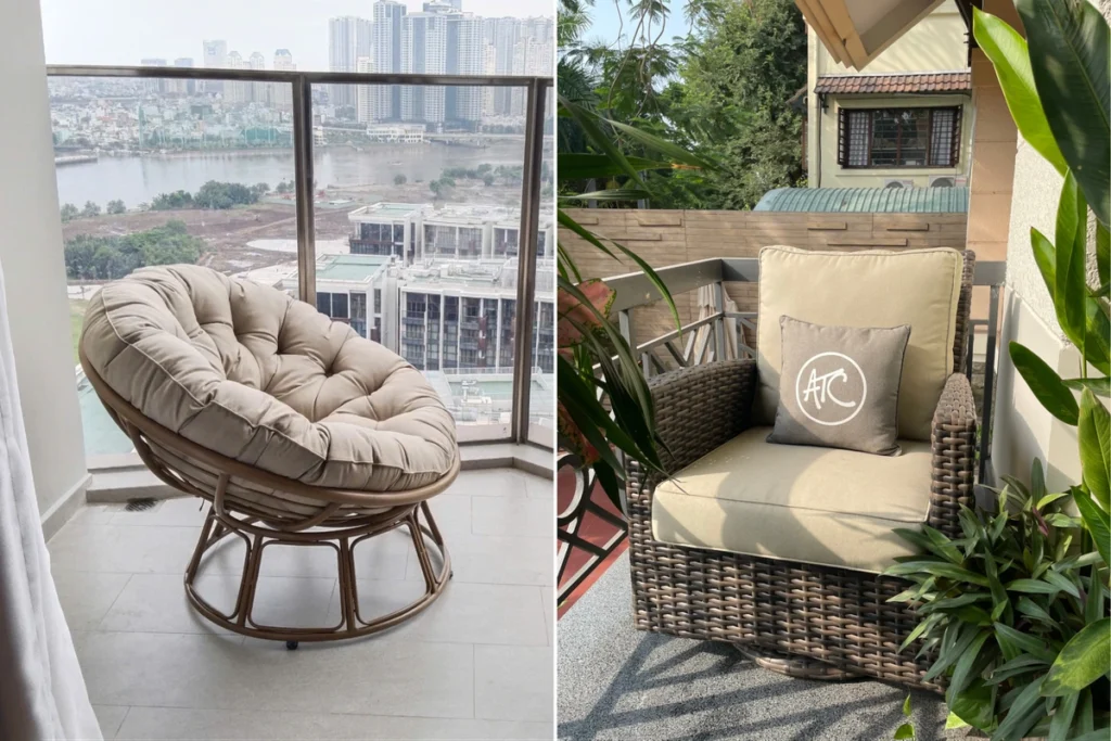 15 Ý Tưởng Decor Ban Công Đẹp Cho Cuộc Sống Thêm Chill 1 Hai kiểu ghế lười êm ái được decor ban công cùng cây xanh, mang lại cảm giác thư giãn và chill nhẹ nhàng.