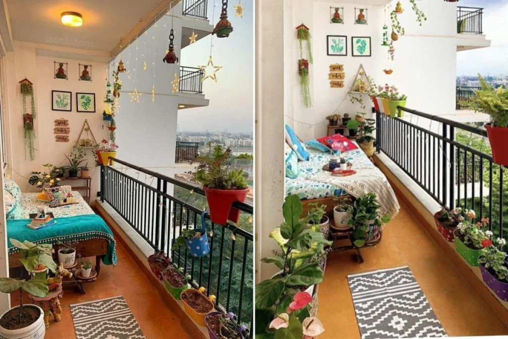 15 Ý Tưởng Decor Ban Công Đẹp Cho Cuộc Sống Thêm Chill 15 Ban công trang trí với tranh treo tường, cây xanh và đệm ngồi, mang lại không gian cá nhân gần gũi và ấm áp.