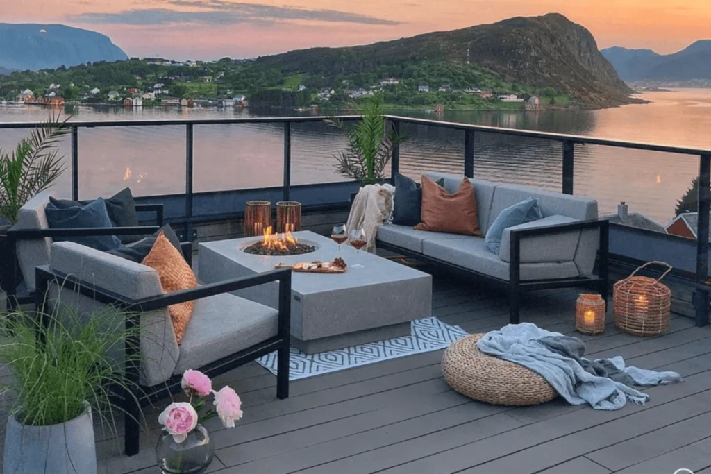 15 Ý Tưởng Decor Ban Công Đẹp Cho Cuộc Sống Thêm Chill 10 Không gian ban công vào chiều tối được trang trí với sofa, gối tựa, đèn nến và đèn treo dọc lan can, hướng nhìn ra biển.