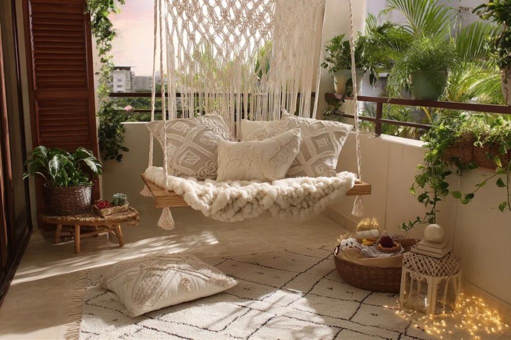 15 Ý Tưởng Decor Ban Công Đẹp Cho Cuộc Sống Thêm Chill 6 Ban công phong cách Boho với ghế đu dây, thảm vải, cây xanh và đèn mây tre tạo không gian nghệ thuật tự do.