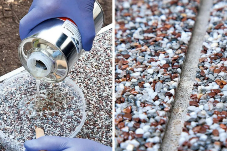 Cận cảnh quá trình đổ sơn epoxy lên sỏi và bề mặt sỏi đã hoàn thiện sau xử lý.