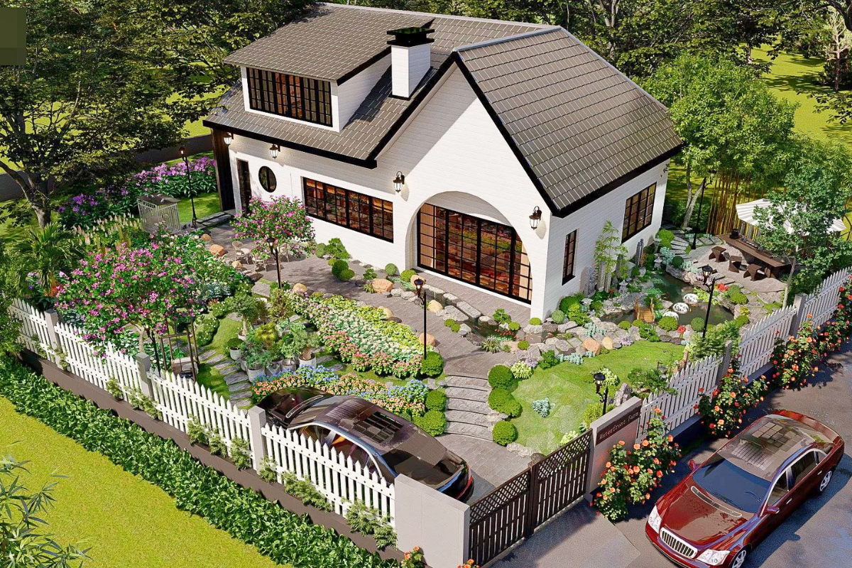 Tổng quan về thiết kế biệt thự sân vườn đẹp và những thiết kế được ưa chuộng nhất 1 Biệt thự sân vườn nổi bật giữa khu vườn xanh mát, được bao quanh bởi hàng rào gỗ và cây hoa tạo cảm giác riêng tư và thẩm mỹ.