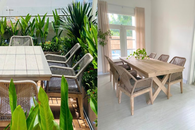 Bộ bàn ăn sáu ghế được bố trí linh hoạt ở cả không gian trong nhà và ngoài trời, tạo cảm giác thoải mái và gần gũi.