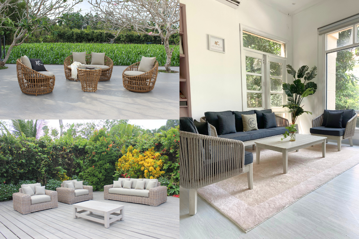 Phong Cách Minimalism: 3 Giải Pháp Ngoại Thất Tuyệt Vời Cho Không Gian Sống Tinh Gọn và Hiện Đại 6 Ba không gian bố trí sofa tối giản trong nhà và ngoài trời,bao quanh bởi cây xanh và ánh sáng tự nhiên.