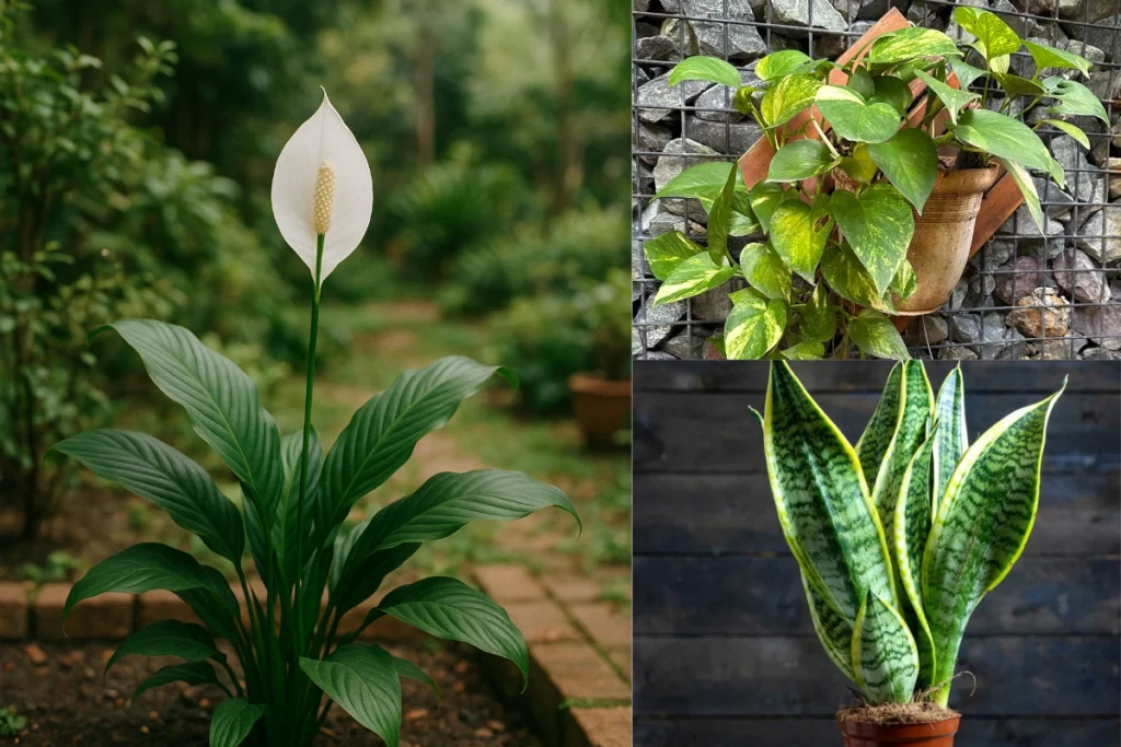 Các cách tạo ra sân vườn đẹp tự làm tại nhà – Biến mọi góc nhỏ thành không gian chill lý tưởng 4 Ảnh ghép ba loại cây cảnh phổ biến gồm lan ý, trầu bà và lưỡi hổ – mỗi loại mang một vẻ đẹp riêng, góp phần tạo nên không gian xanh mát và thư thái.