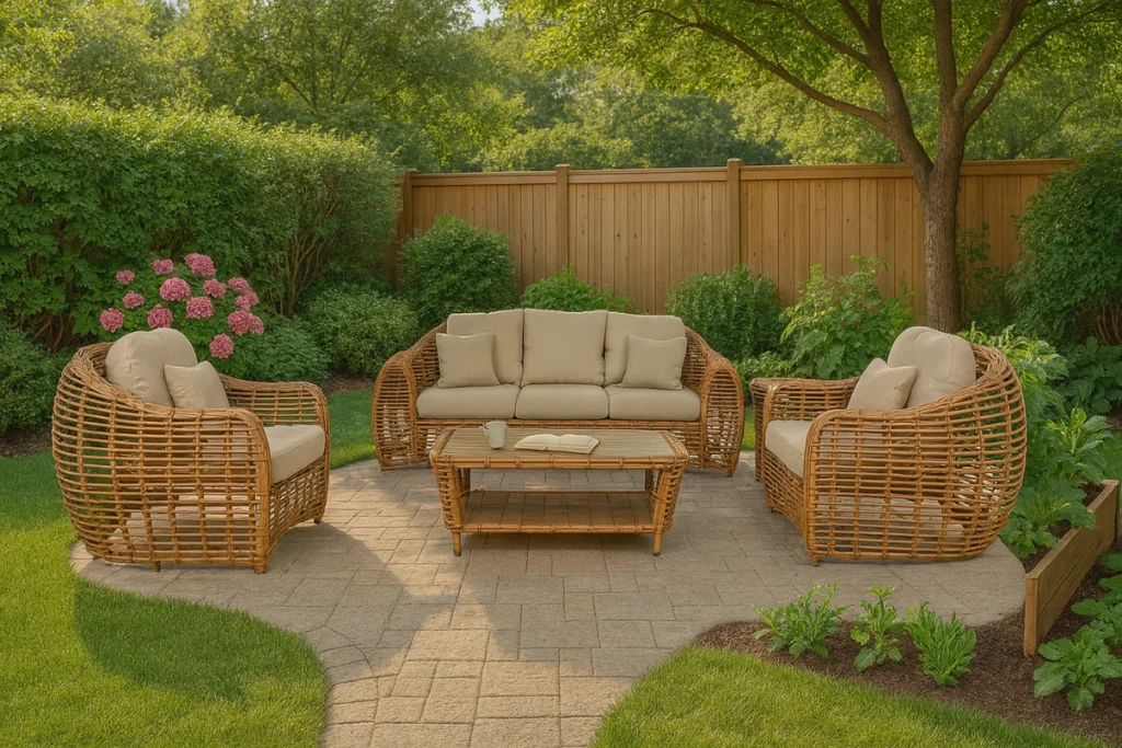Các cách tạo ra sân vườn đẹp tự làm tại nhà – Biến mọi góc nhỏ thành không gian chill lý tưởng 10 Khu vực tiếp khách ngoài trời ấm cúng với bộ ghế mây đệm màu be, đặt trên nền gạch giữa khu vườn xanh mát và hoa cẩm tú cầu hồng.