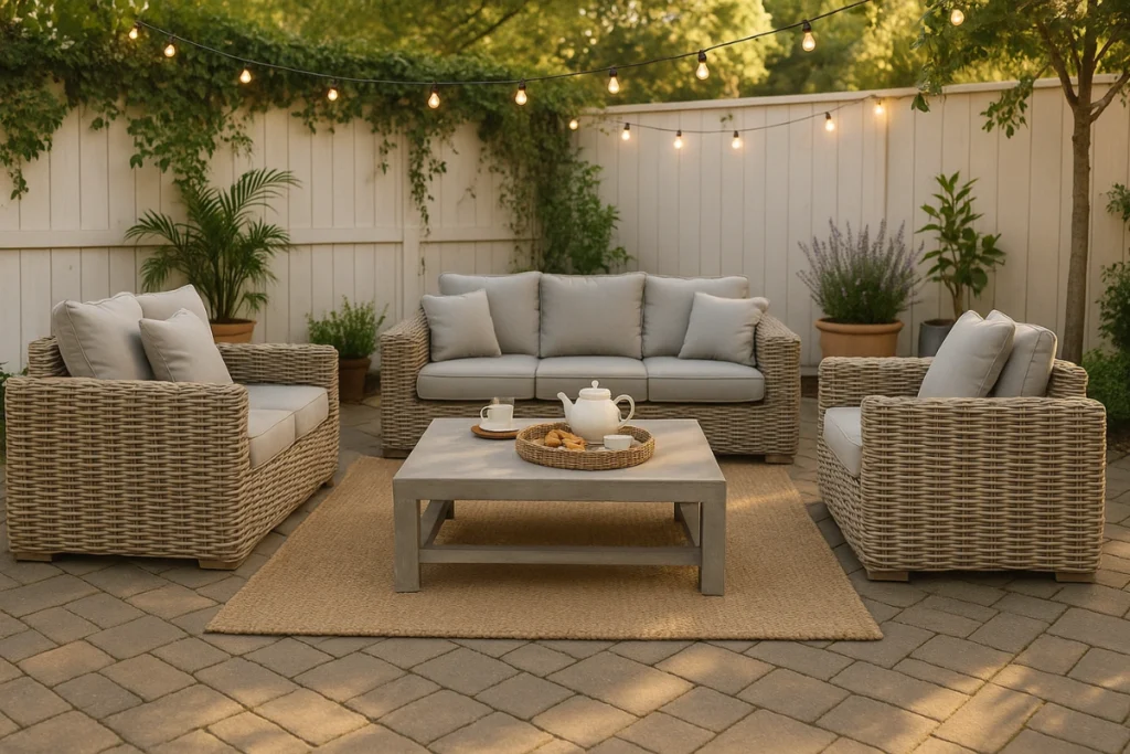 Các cách tạo ra sân vườn đẹp tự làm tại nhà – Biến mọi góc nhỏ thành không gian chill lý tưởng 11 Một góc sân vườn ấm cúng với bộ sofa mây nhựa đệm xám, bàn trà trung tâm bày trà và bánh, dưới ánh đèn dây lung linh, bao quanh là cây xanh và hàng rào gỗ trắng.
