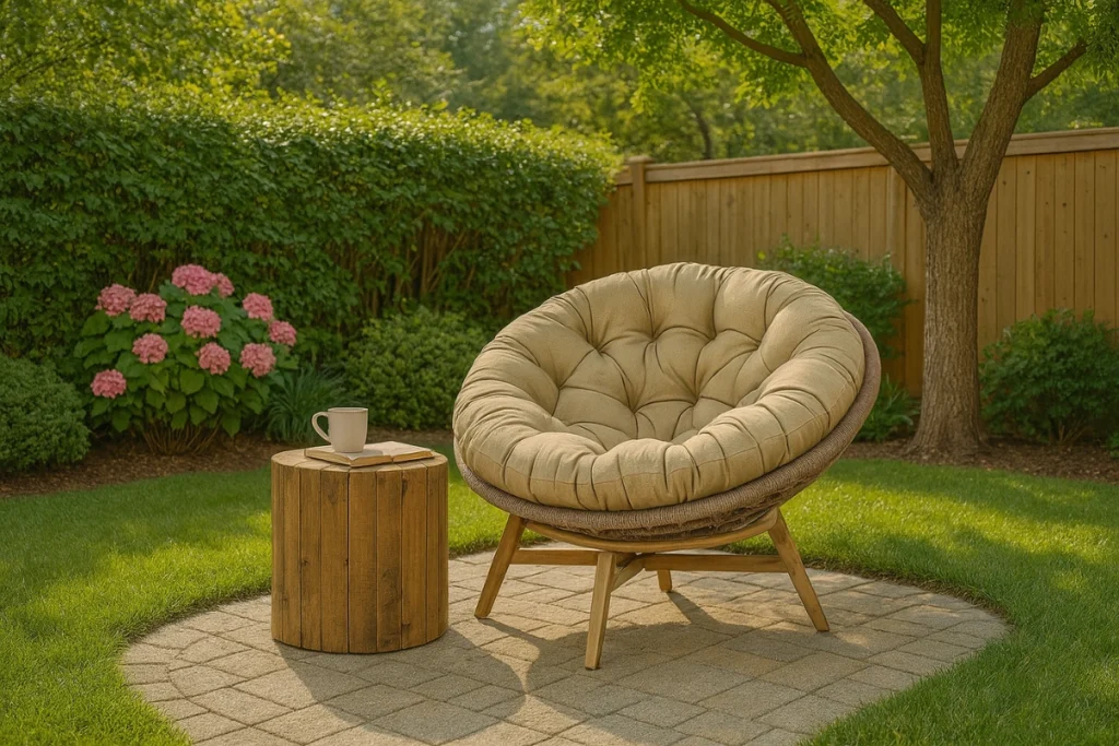 Các cách tạo ra sân vườn đẹp tự làm tại nhà – Biến mọi góc nhỏ thành không gian chill lý tưởng 12 Một chiếc ghế papasan tròn với đệm màu be êm ái được đặt trên sân lát gạch, cạnh bàn gỗ tròn nhỏ với tách cà phê, bao quanh là cây xanh tươi tốt, hoa cẩm tú cầu hồng và hàng rào gỗ mộc mạc dưới bóng mát.