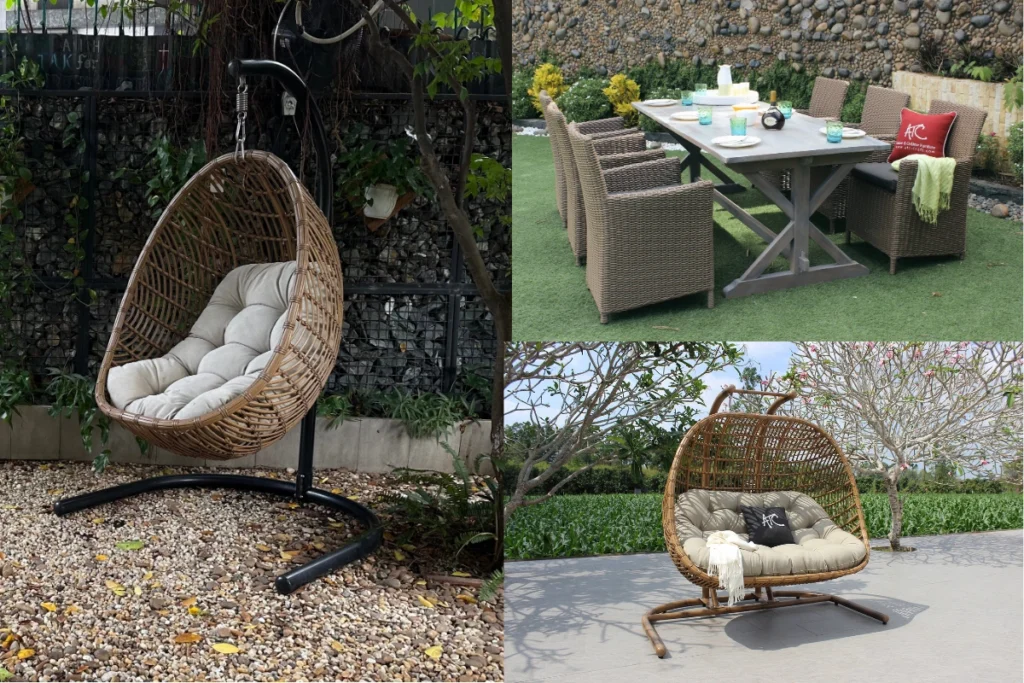 Các cách tạo ra sân vườn đẹp tự làm tại nhà – Biến mọi góc nhỏ thành không gian chill lý tưởng 6 Ảnh ghép các mẫu nội thất ngoài trời bằng mây nhựa gồm ghế xích đu đơn, ghế xích đu đôi và bộ bàn ăn sáu ghế.