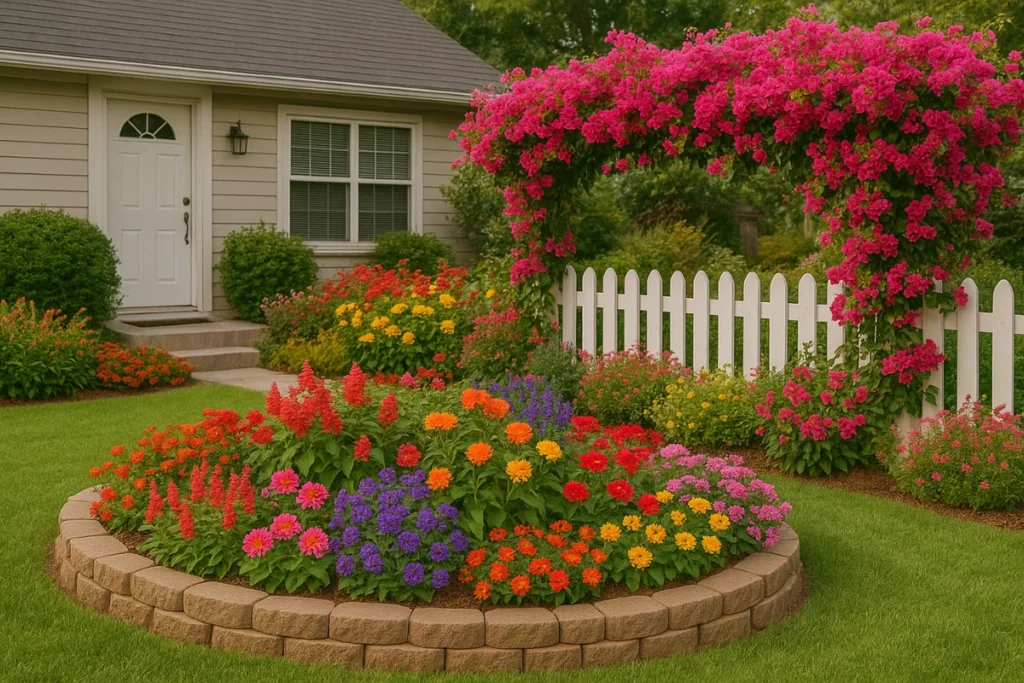 Các cách tạo ra sân vườn đẹp tự làm tại nhà – Biến mọi góc nhỏ thành không gian chill lý tưởng 9 Một khu vườn trước nhà đầy sắc màu với thảm hoa rực rỡ, vòm hoa giấy hồng leo qua hàng rào trắng, tạo nên không gian tươi sáng và sống động.
