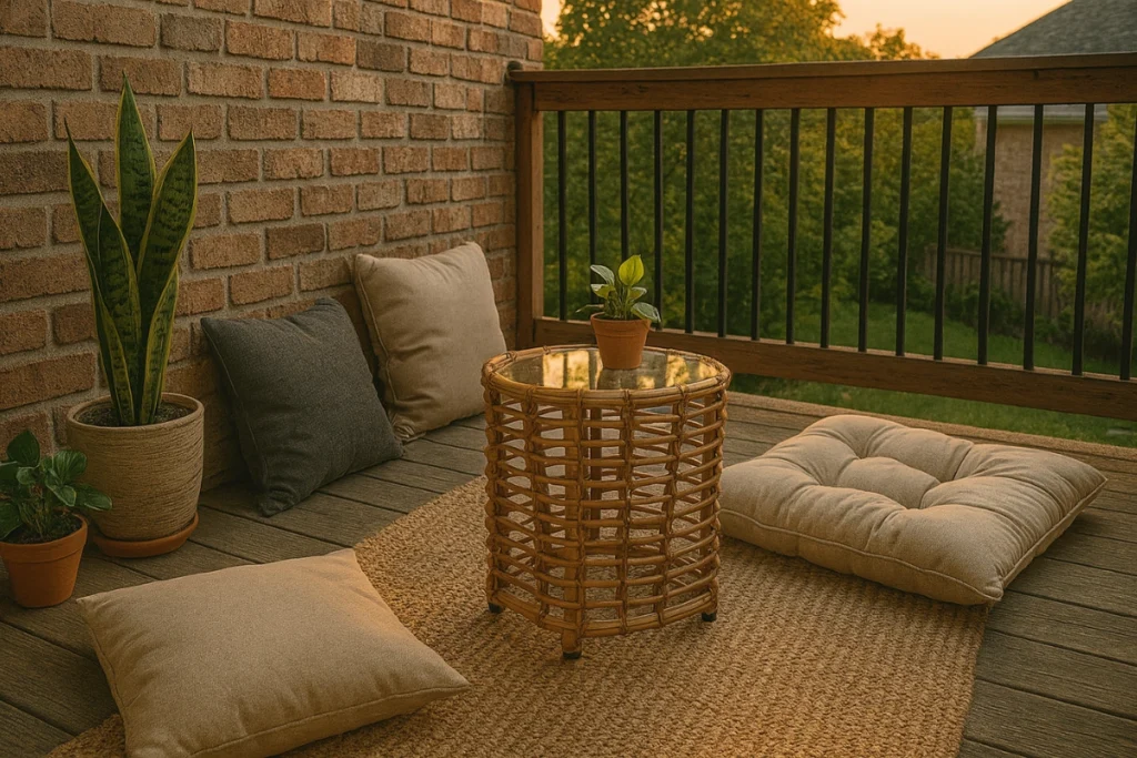Trang trí góc đọc sách tại nhà: Ý tưởng decor đẹp và đơn giản 4 Góc ban công nhỏ lát gỗ với bàn mây mặt kính, đệm ngồi bệt, gối tựa và vài chậu cây xanh trong ánh hoàng hôn.
