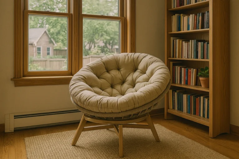 Ghế papasan đệm dày đặt cạnh cửa sổ sáng và tủ sách gỗ, tạo nên một góc đọc sách yên tĩnh trong nhà.