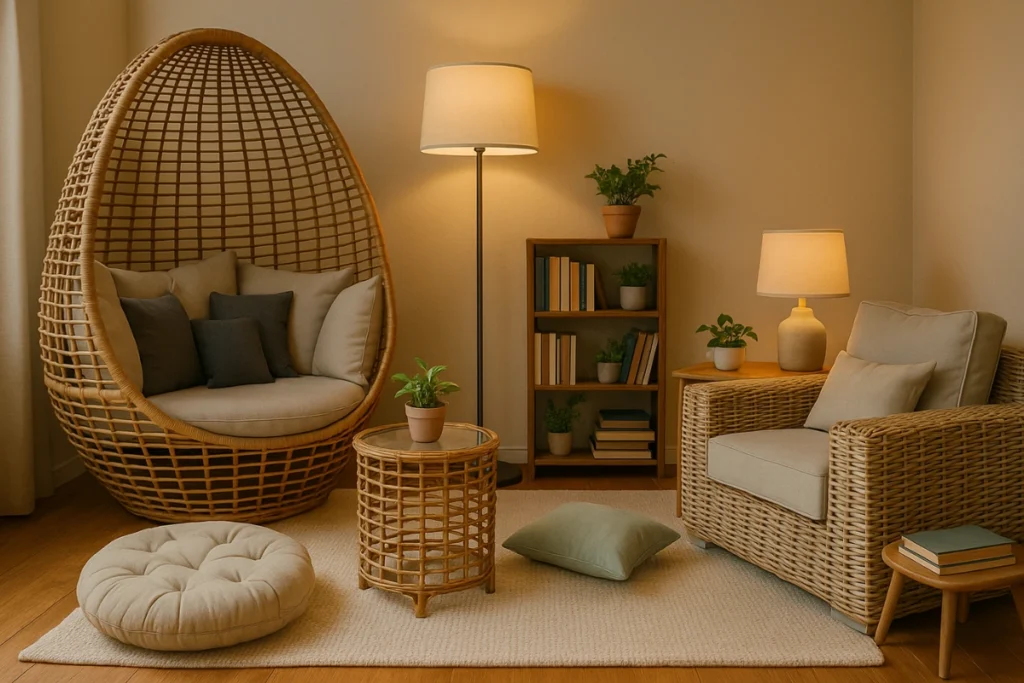 Trang trí góc đọc sách tại nhà: Ý tưởng decor đẹp và đơn giản 6 Phòng khách nhỏ với nội thất mây nhựa, gồm ghế trứng, ghế đơn, bàn mây kính, đôn tròn và kệ sách nhỏ, trang trí cây xanh và đèn vàng ấm.