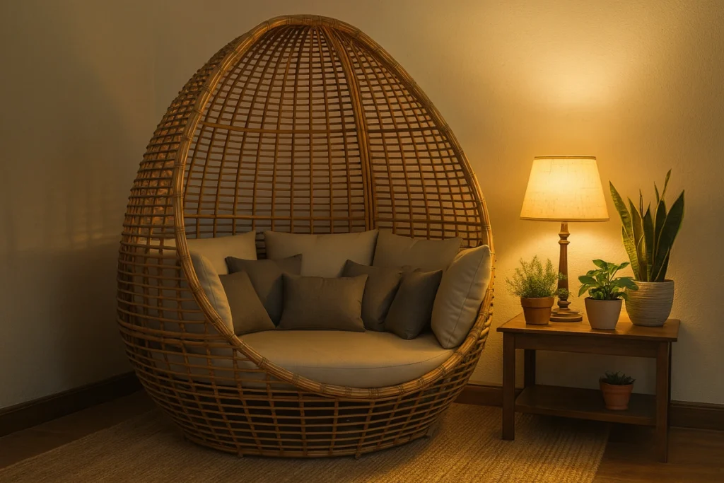 Trang trí góc đọc sách tại nhà: Ý tưởng decor đẹp và đơn giản 2 Ghế trứng mây tựa tường với nệm và gối xám, đặt cạnh bàn gỗ có đèn ngủ và vài chậu cây xanh trong không gian phòng ấm áp.