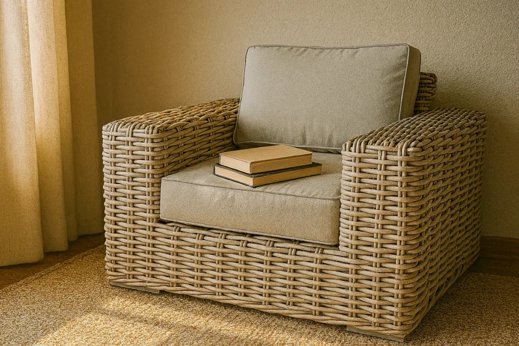 Trang trí góc đọc sách tại nhà: Ý tưởng decor đẹp và đơn giản 5 Ghế đơn mây nhựa đệm dày màu be, đặt cạnh cửa sổ với ánh sáng tự nhiên, có vài cuốn sách để trên nệm ghế.