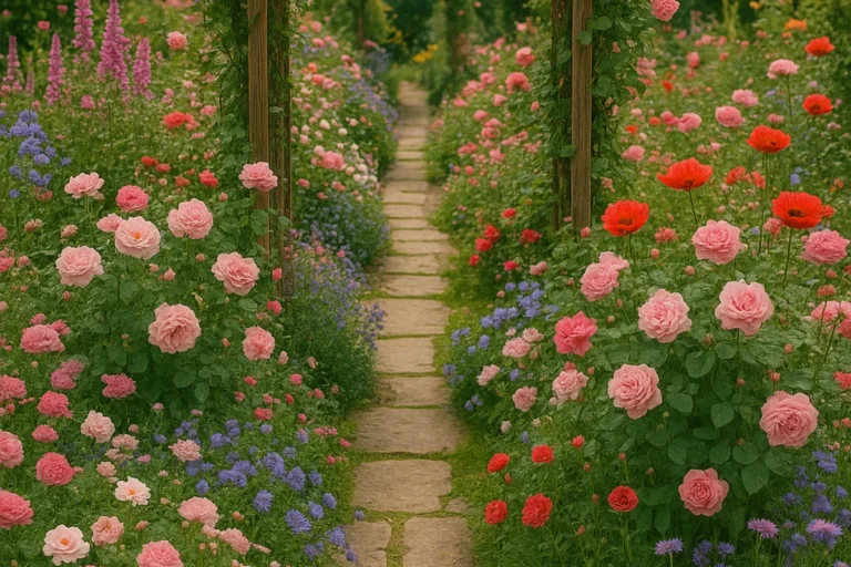 Lối đi lát đá giữa vườn hoa rực rỡ với hồng, thược dược, cúc tím và các loài hoa tươi khác nở dọc hai bên.