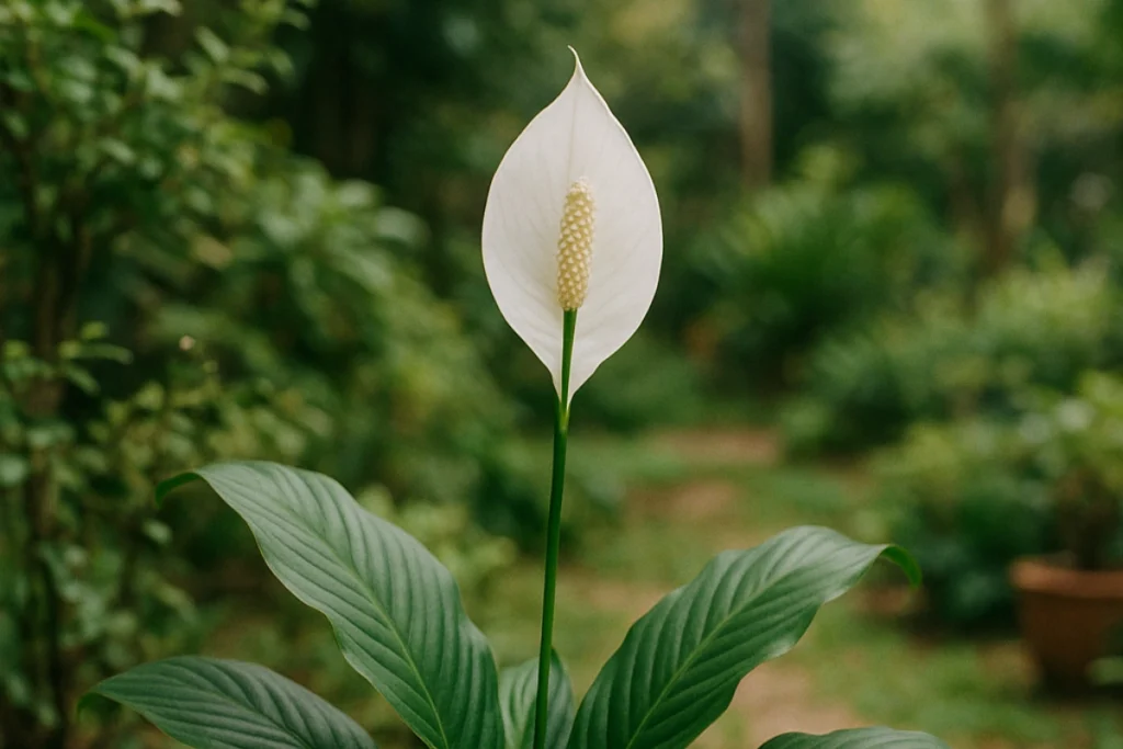 Top 10+ những loại hoa dùng để trang trí vườn hoa trước nhà 5 Một bông lan ý màu trắng nổi bật giữa nền xanh trong khu vườn nhiều cây cối.