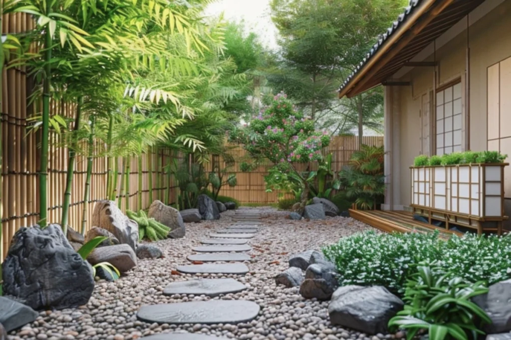 +10 Cây Trang Trí Sân Vườn Dễ Trồng Bạn Không Nên Bỏ Lỡ 7 Sân vườn phong cách Á Đông với hàng tre trúc xanh mát, đá cuội và lối đi thư giãn mang đậm nét thanh bình.