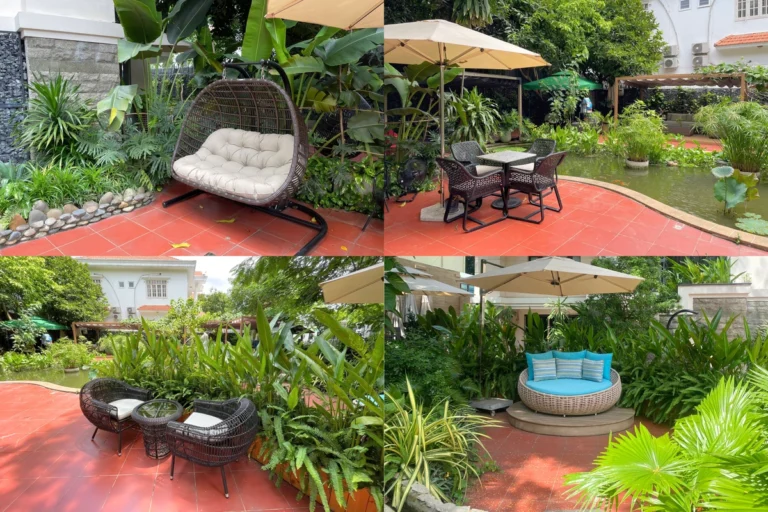 Đá lát nền màu đỏ, kết hợp cìng với bốn bộ bàn ghế khác nhau