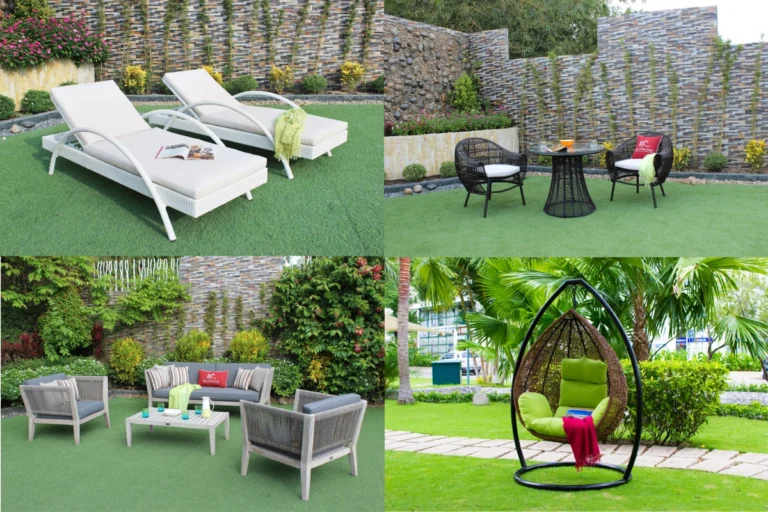 Đồi cỏ tối giản với tường đá, đôi ghế tắm nắng trắng, bộ bàn ghế trò chuyện màu đen, sofa xám và ghế kén đệm xanh.