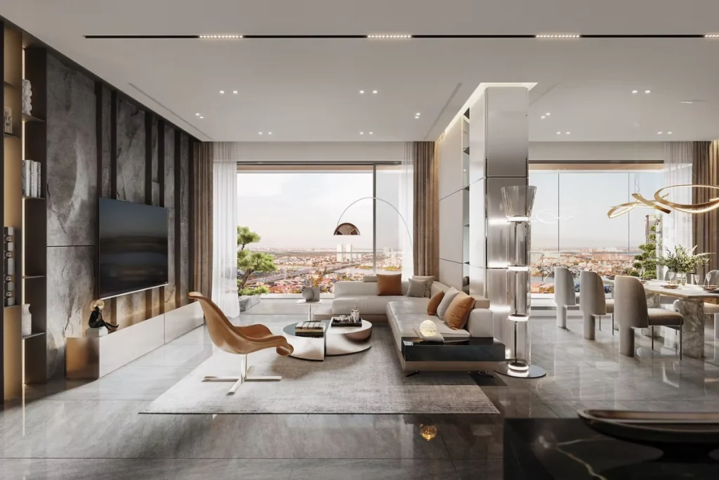 TOP 10 XƯỞNG SẢN XUẤT NỘI THẤT UY TÍN BẠN NÊN BIẾT 10 Nội thất cao cấp AZ Home trong không gian phòng khách và phòng ăn sang trọng, hiện đại với tầm nhìn toàn cảnh thành phố.