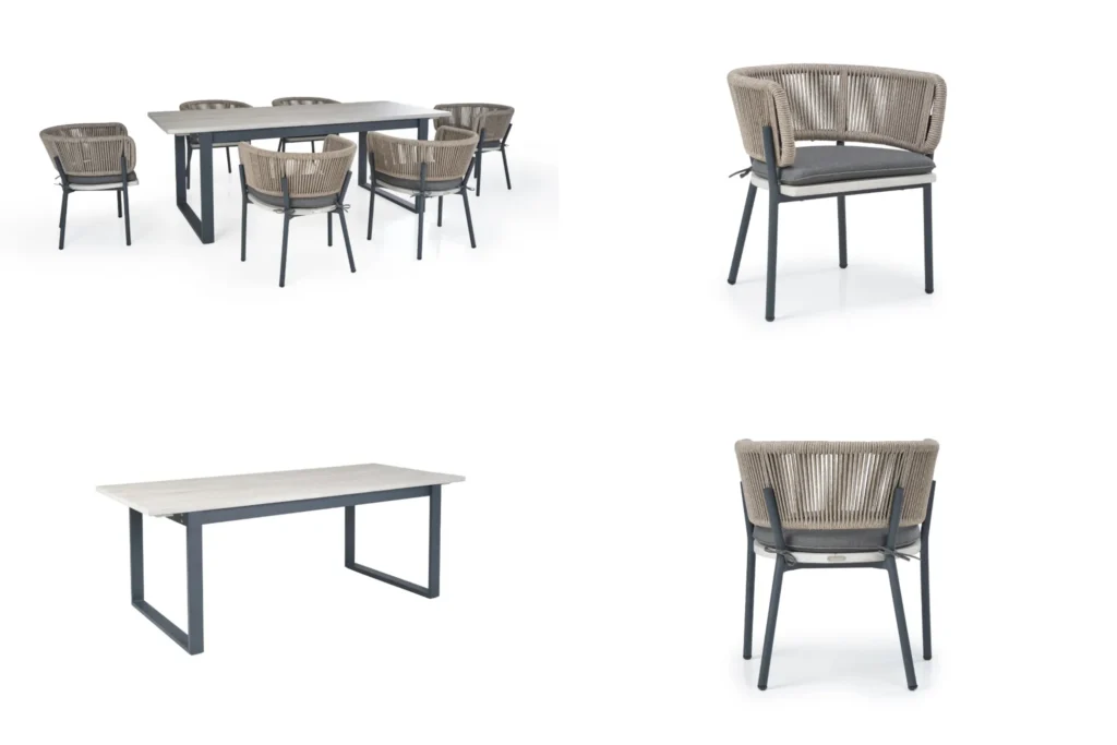 Bộ sofa và bàn ngoài trời với thiết kế đan nhựa phối nệm sáng màu, phong cách hiện đại, phù hợp làm mẫu thử trước sản xuất hàng loạt.  