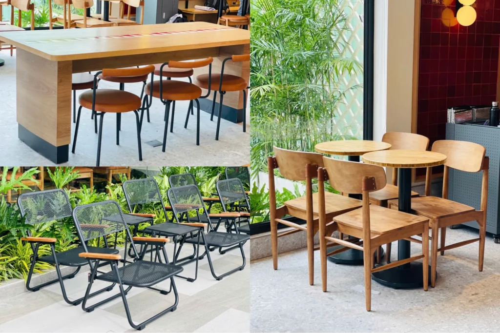 Không gian ăn uống với bàn ghế gỗ đơn giản, ghế xếp gọn và thiết kế linh hoạt, phù hợp cho cửa hàng bình dân.    
