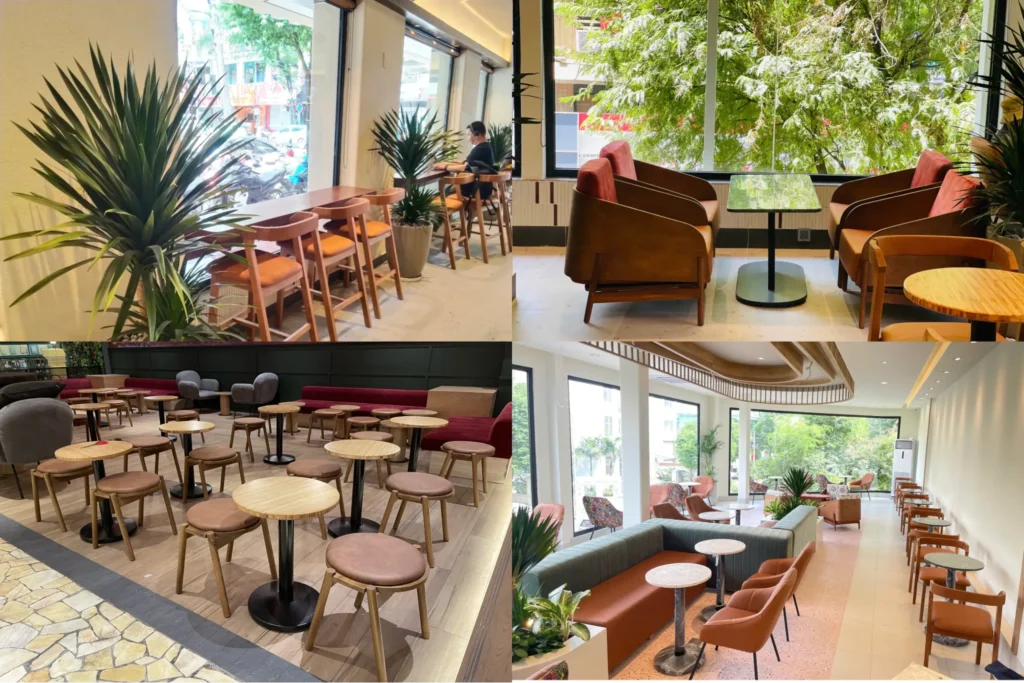 Không gian quán cà phê với nhiều phong cách bàn ghế khác nhau, từ sofa êm ái đến bàn gỗ và ghế sắt, phù hợp cho cả khách ngồi lâu và khu vực phục vụ nhanh.  