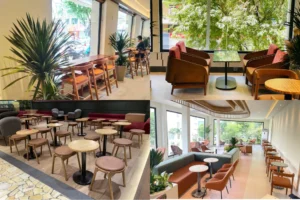 Không gian quán cà phê với nhiều phong cách bàn ghế khác nhau, từ sofa êm ái đến bàn gỗ và ghế sắt, phù hợp cho cả khách ngồi lâu và khu vực phục vụ nhanh.
