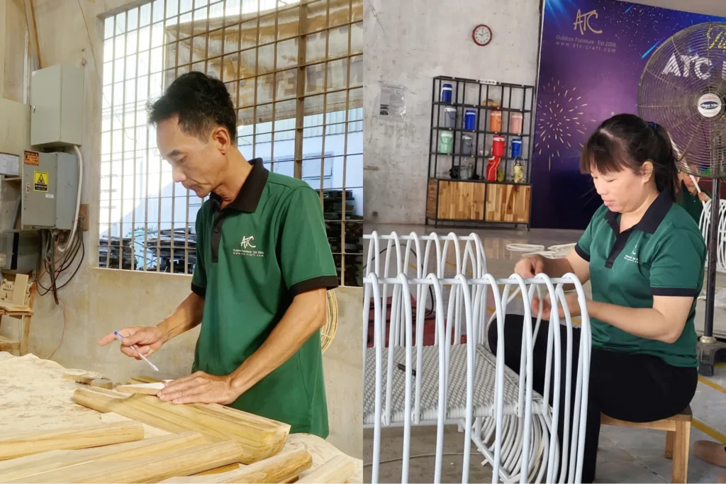 Công nhân ATC Furniture đang kiểm tra chất lượng sản phẩm theo công đoạn, bao gồm xử lý gỗ và kiểm tra khung kim loại trước khi đóng gói.  