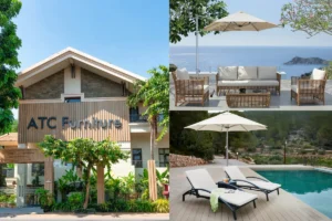 Cảnh quan ngoài trời của ATC Furniture với dù lệch tâm chống UV, khung nhôm, bộ bàn ghế tiêu chuẩn resort bên hồ bơi và trong vườn.