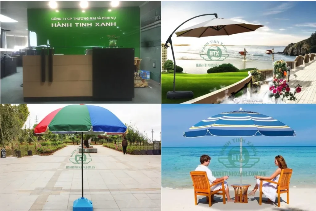Top công ty bán dù che nắng uy tín 2025 bạn nên biết 2 Không gian trưng bày Hành Tinh Xanh và các mẫu dù ngoài trời: dù lệch tâm, dù tâm giữa, dù bãi biển vải chống UV, đế di chuyển.