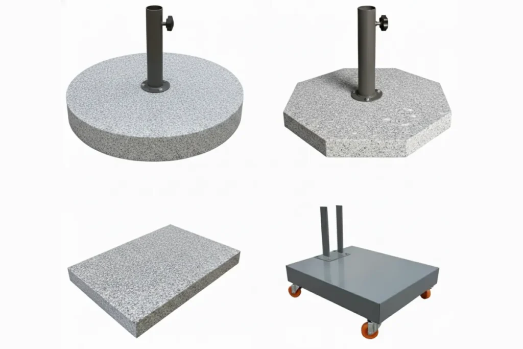 Hướng Dẫn Chọn Dù Quán Cafe Che Nắng Chất Lượng Cao 9 Tổng hợp đế dù: bê tông/gang tròn, đá granite bát giác & chữ nhật, và đế thép có bánh xe khóa; gợi ý trọng lượng 25–90 kg theo kích thước tán.