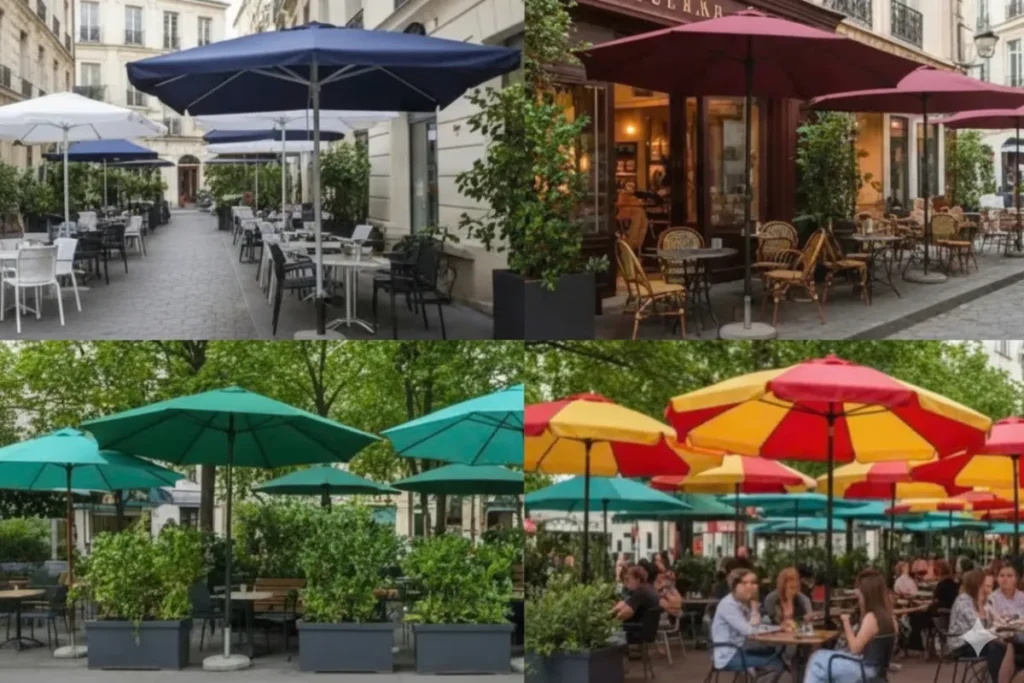 Hướng Dẫn Chọn Dù Quán Cafe Che Nắng Chất Lượng Cao 13 Bộ ảnh dù quán cafe với bảng màu theo phong cách: navy–trắng (sang trọng), đỏ thẫm (vintage), xanh lá–xanh dương (thiên nhiên), đỏ–vàng (năng động).