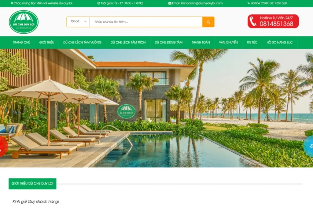 Hướng Dẫn Chọn Dù Quán Cafe Che Nắng Chất Lượng Cao 16 Giao diện website Duy Lợi với sản phẩm dù quán cafe; phù hợp nhu cầu chọn nhanh, lắp nhanh tại TP.HCM, nhiều cấu hình từ chính tâm đến lệch tâm kèm đế đá.