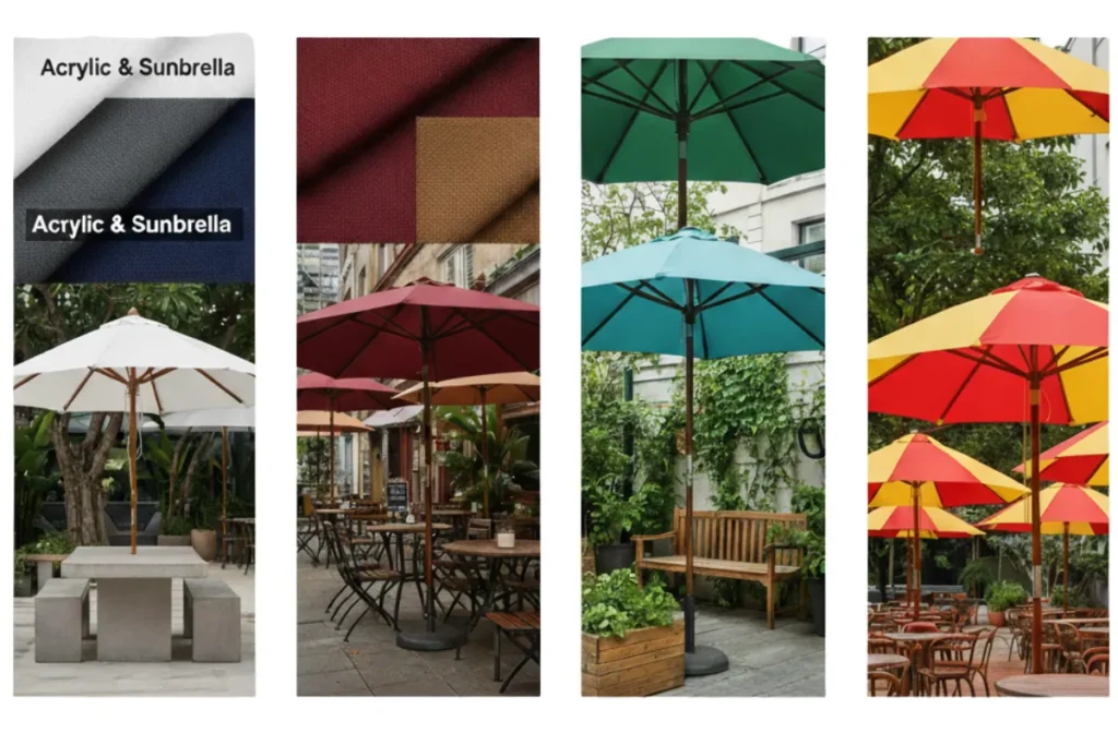 Hướng Dẫn Chọn Dù Quán Cafe Che Nắng Chất Lượng Cao 10 Dải màu tán dù cho quán cafe: trung tính tinh tế, tông ấm vintage, xanh mát hòa cây cối và đỏ–vàng nổi bật mùa hè.