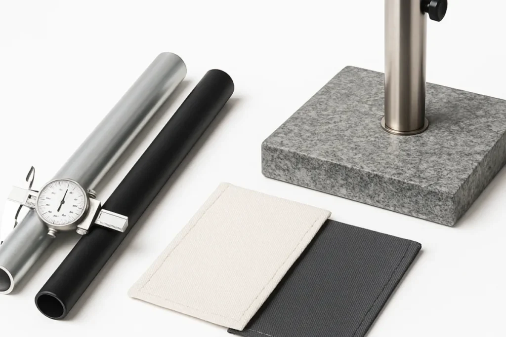 Hướng Dẫn Chọn Dù Quán Cafe Che Nắng Chất Lượng Cao 5 Cận cảnh ống khung kim loại, mẫu vải tán và đế đá granite của dù quán cafe – bộ ba vật liệu quyết định độ bền trong khí hậu nóng ẩm Việt Nam.