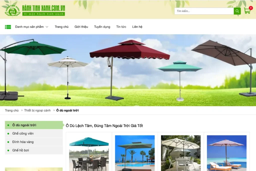 Hướng Dẫn Chọn Dù Quán Cafe Che Nắng Chất Lượng Cao 17 Trang chủ Hành Tinh Xanh giới thiệu các mẫu dù ngoài trời, gồm chính tâm và lệch tâm 2.5–4 m, nhiều màu và chất liệu polyester hoặc canvas phủ PU.