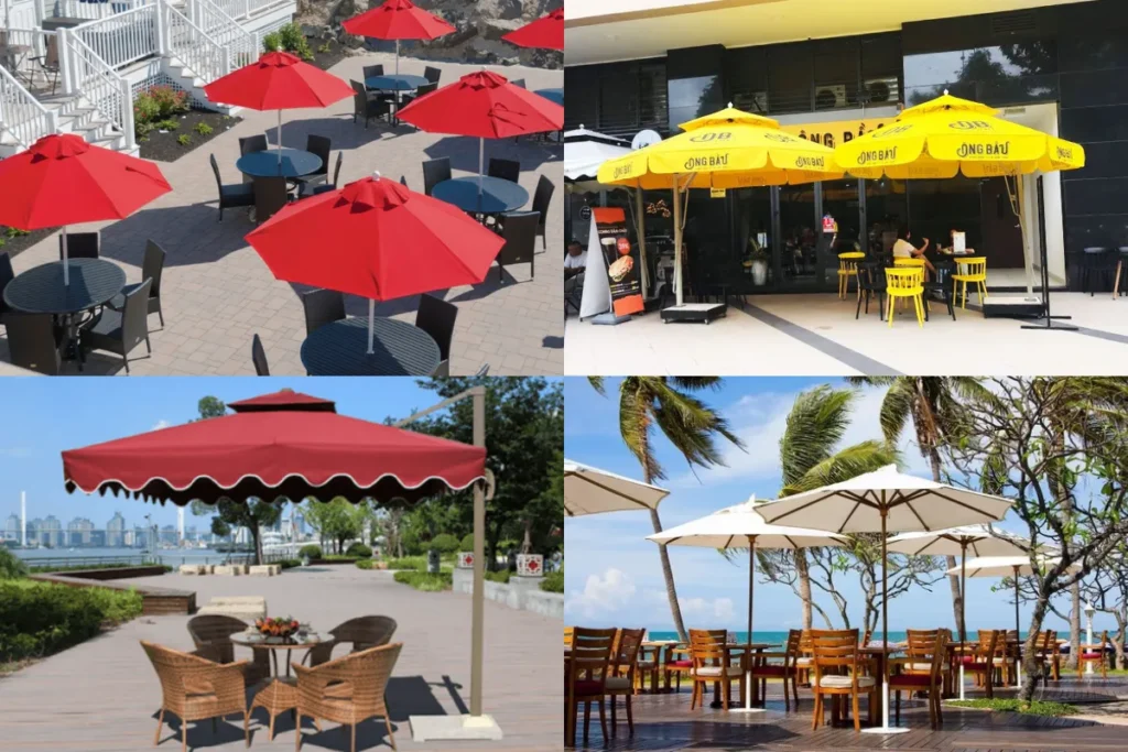 Hướng Dẫn Chọn Dù Quán Cafe Che Nắng Chất Lượng Cao 11 Tổng hợp hình ảnh các kiểu dù quán cafe theo bối cảnh: vỉa hè đô thị, sân vườn rộng và ven biển, minh họa cách chọn kích thước – kiểu dáng phù hợp không gian.