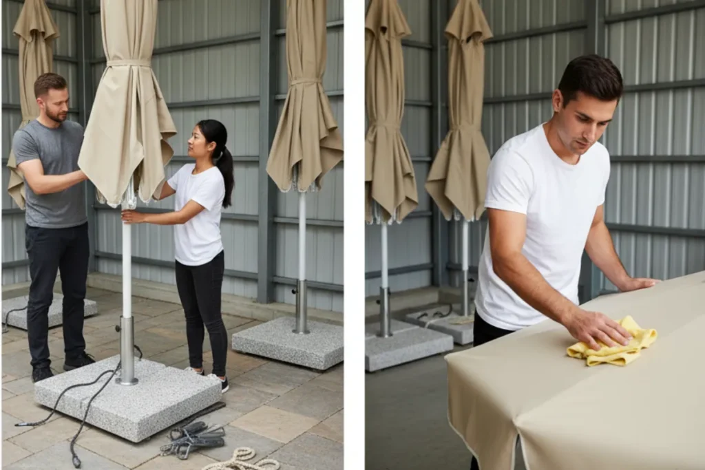 Hướng Dẫn Chọn Dù Quán Cafe Che Nắng Chất Lượng Cao 14 Quy trình vệ sinh dù quán cafe: lau vải bằng khăn ẩm, tránh hóa chất mạnh; kiểm tra trụ nhôm/inox và siết chặt ốc liên kết.