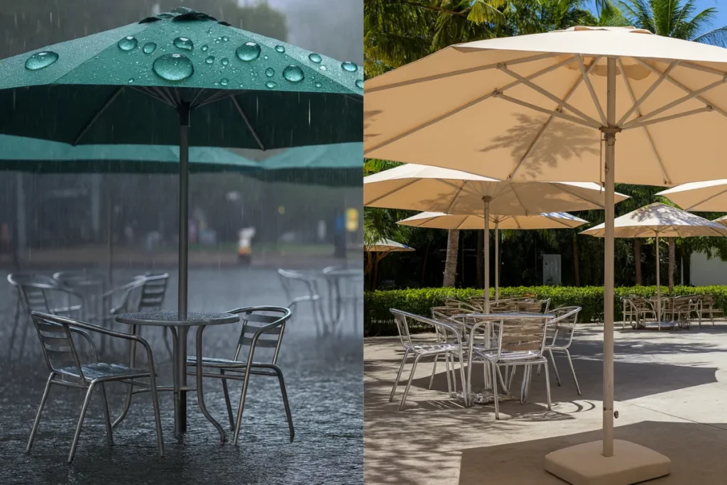 Hướng Dẫn Chọn Dù Quán Cafe Che Nắng Chất Lượng Cao 12 Hai bối cảnh sử dụng dù: bên trái mưa lớn với giọt nước đọng trên vải, bên phải nắng mạnh với tán màu trắng xám cho hiệu ứng mát.