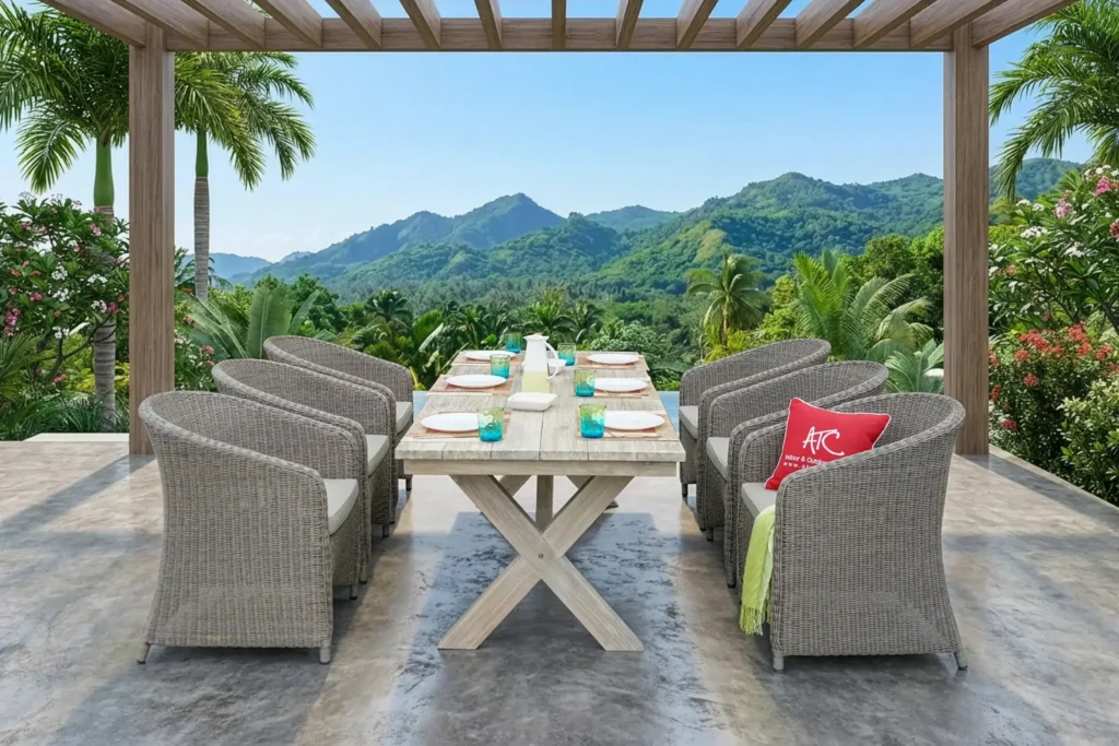 HDPE là gì? Vì sao HDPE được sử dụng rộng rãi trong sản xuất 6 Bộ bàn ăn ngoài trời làm từ sợi HDPE đan tay, đặt dưới pergola với tầm nhìn núi và không gian mở.